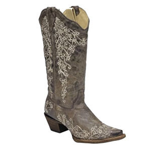 Corral Brown Crater Bone Embroidery Boots Women Leather Snip Toe Size 7 1/2